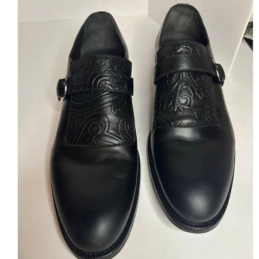 Etro Monk Strap Glossed Black Leather Shoes IT 44 US 11 Loafers Buckle Paisley